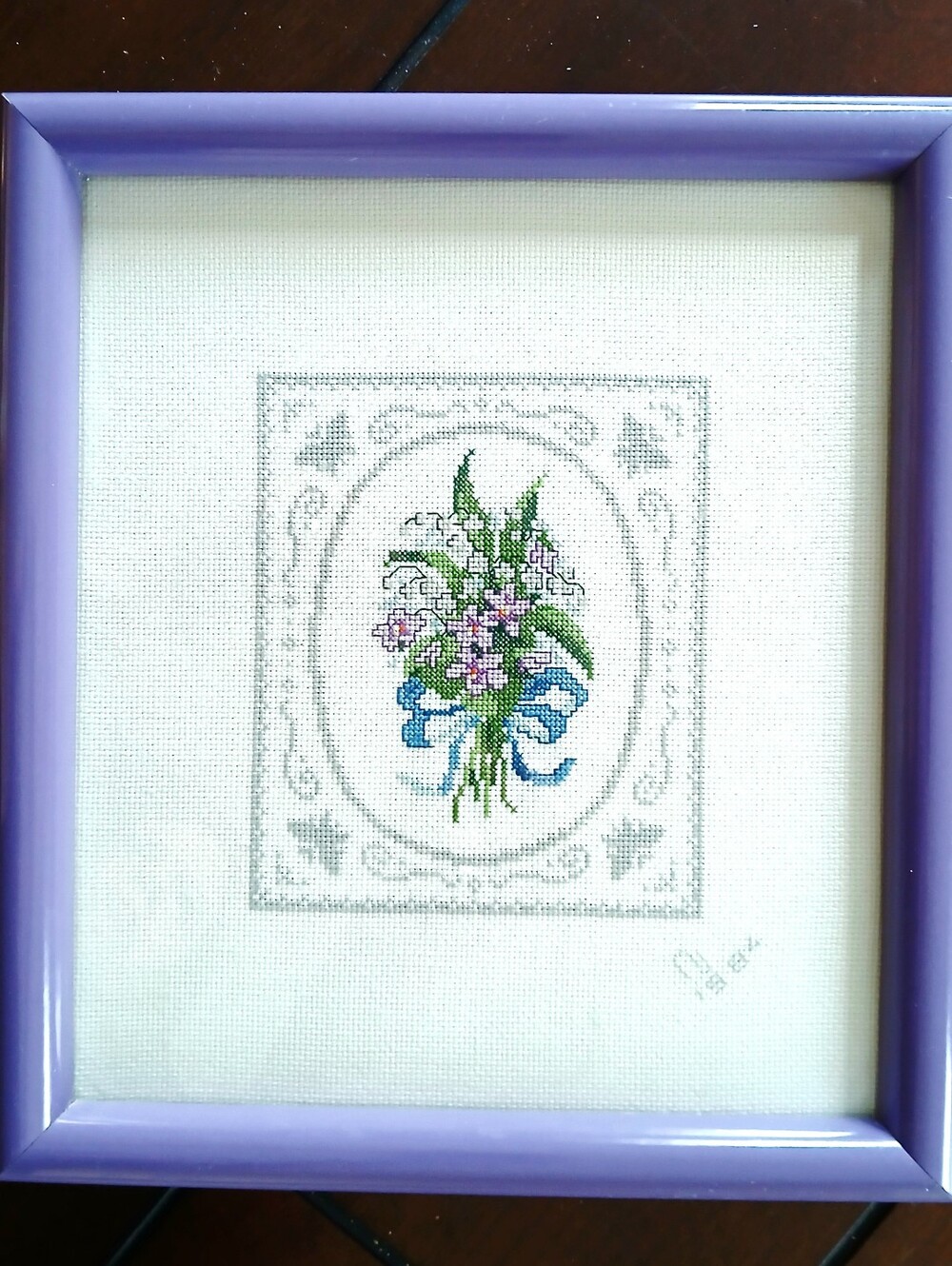Vintage Lavender Framed Floral Cross-Stitch Wall Art